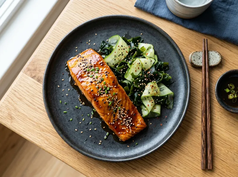 Knuspriger Teriyaki-Lachs mit Gurken-Wakame-Salat