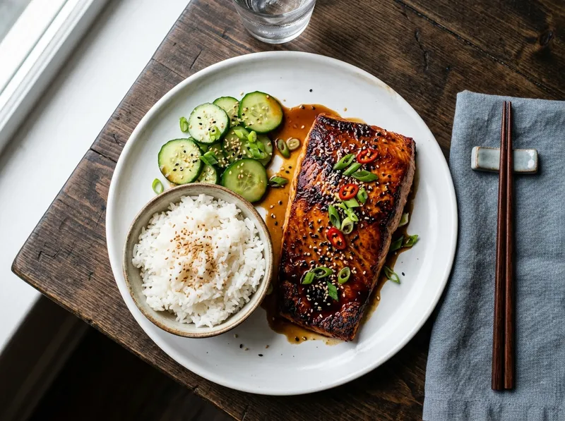 Knuspriger Teriyaki-Lachs mit Miso-Gurken und Sesam-Reis