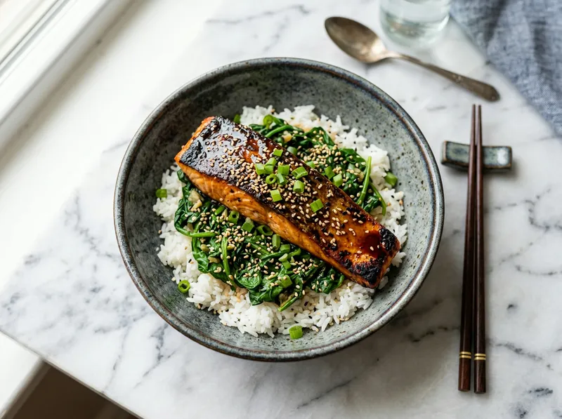 Knuspriger Teriyaki-Lachs mit Miso-Spinat und Ingwer-Jasminreis