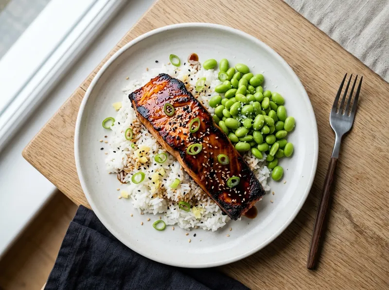 Knuspriger Teriyaki-Lachs mit Wasabi-Edamame und Ingwer-Reis