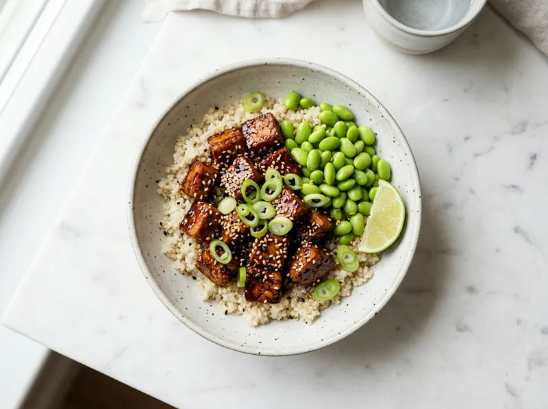 Knuspriger Teriyaki-Tempeh-Bowl mit Edamame und Sesam-Quinoa