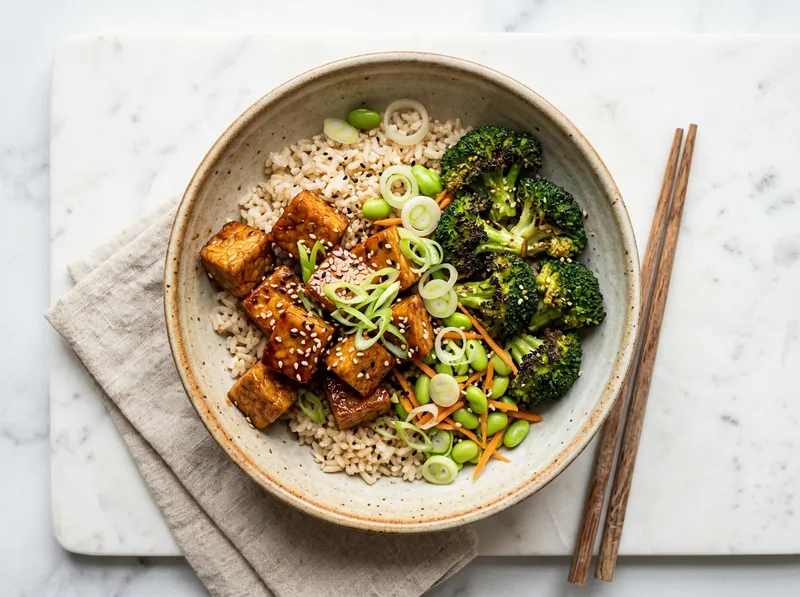 Knuspriger Teriyaki-Tempeh mit Brokkoli und Sesam-Ingwer-Reis