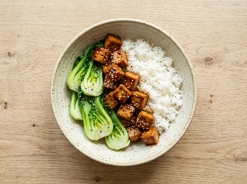 Knuspriger Teriyaki-Tofu mit glasiertem Pak Choi und Sesam-Reis