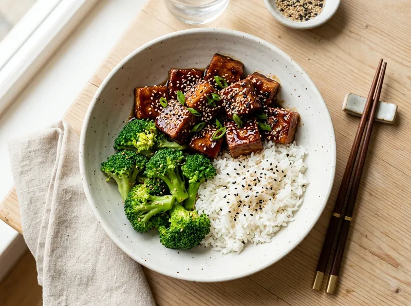 Knuspriger Teriyaki-Tofu mit Sesam-Brokkoli und Jasminreis