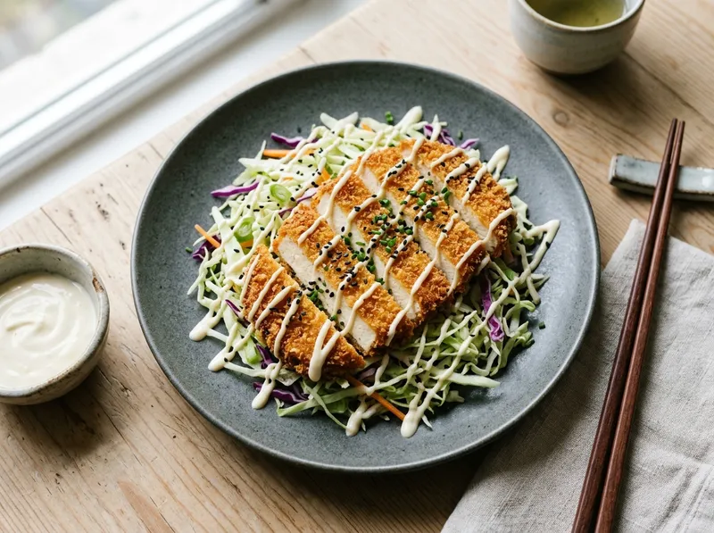 Knuspriger Tofu Katsu mit Ingwer-Kohl-Salat und Yuzu-Mayo
