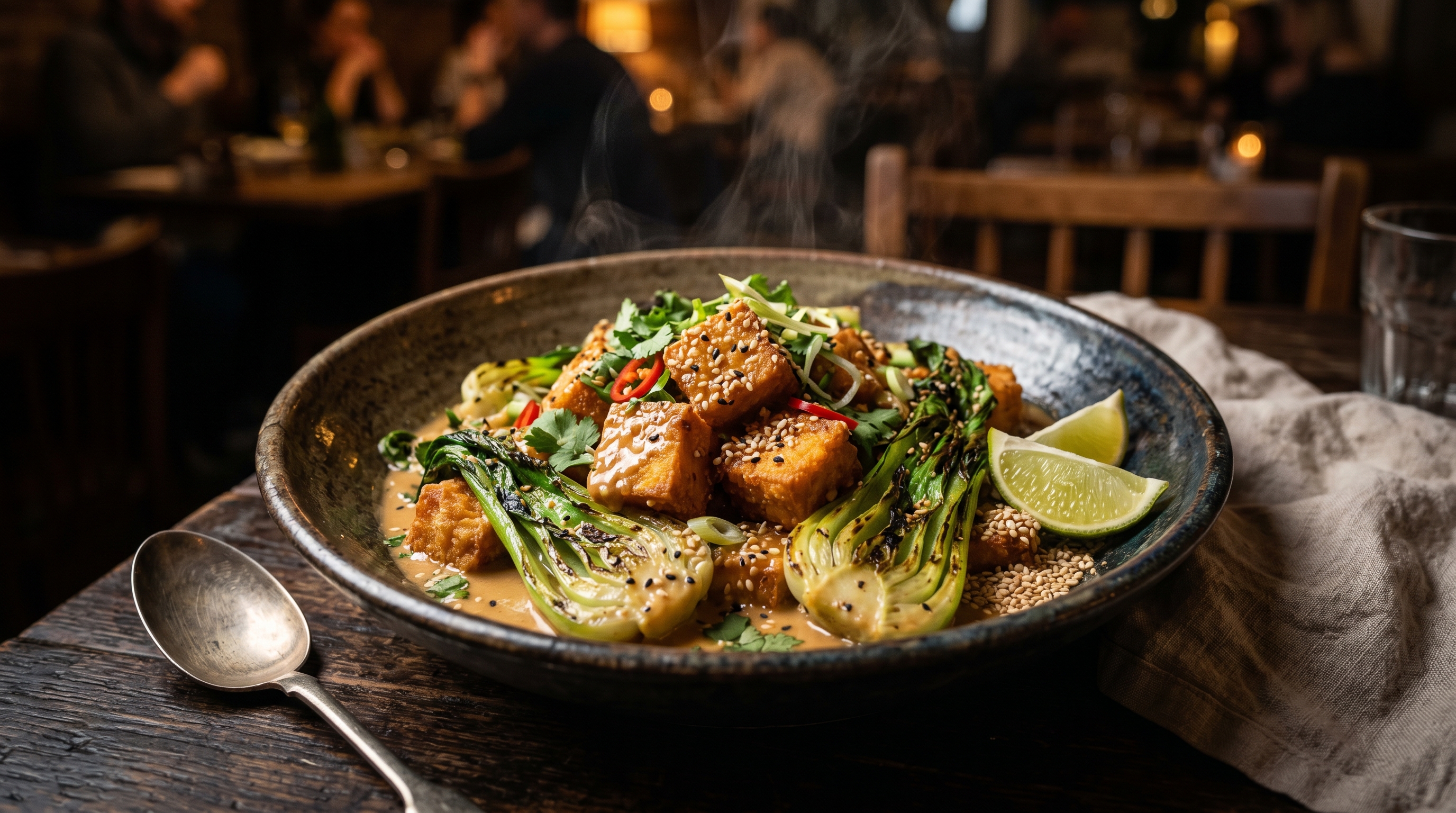 Knuspriger Tofu mit Erdnuss-Limetten-Sauce und Pak Choi