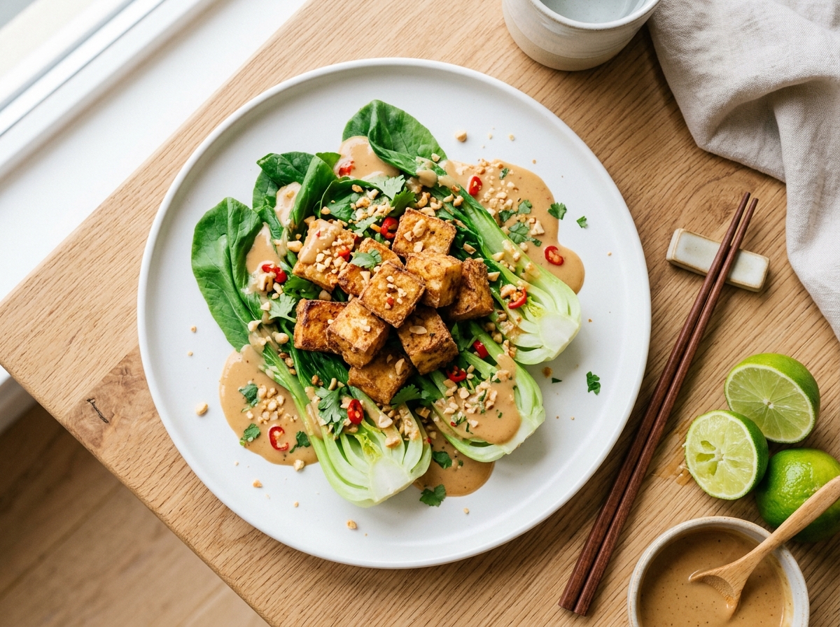 Knuspriger Tofu mit Erdnuss-Limetten-Sauce und Pak Choi