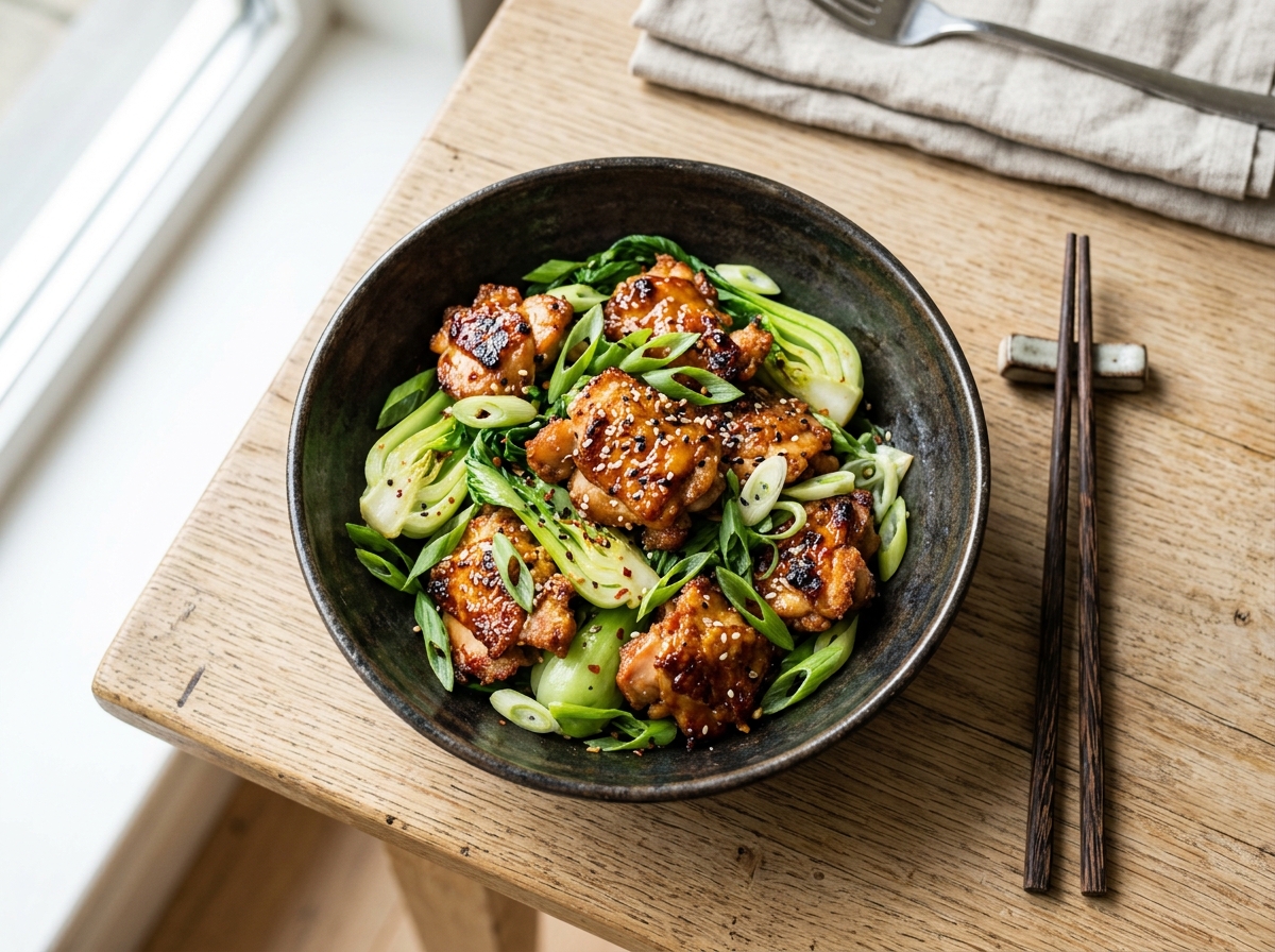 Knuspriges Ingwer-Soja-Hähnchen mit Pak Choi und Frühlingszwiebeln