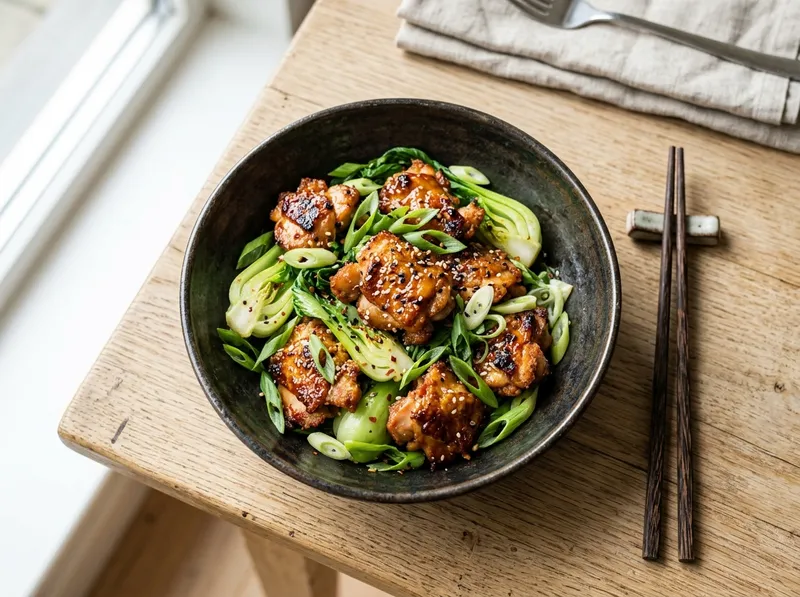 Knuspriges Ingwer-Soja-Hähnchen mit Pak Choi und Frühlingszwiebeln