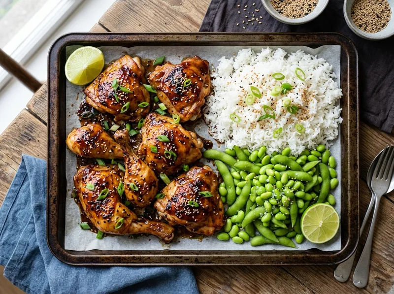 Knuspriges Miso-Sesam-Hähnchen vom Blech mit Edamame und Jasminreis