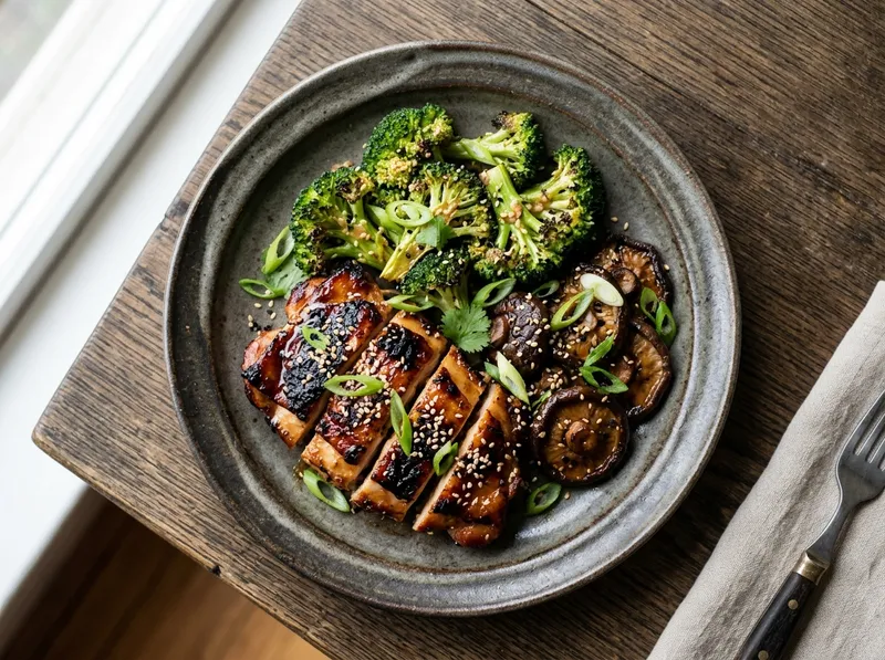 Knuspriges Miso-Sesam-Hähnchen vom Blech mit Shiitake und Brokkoli