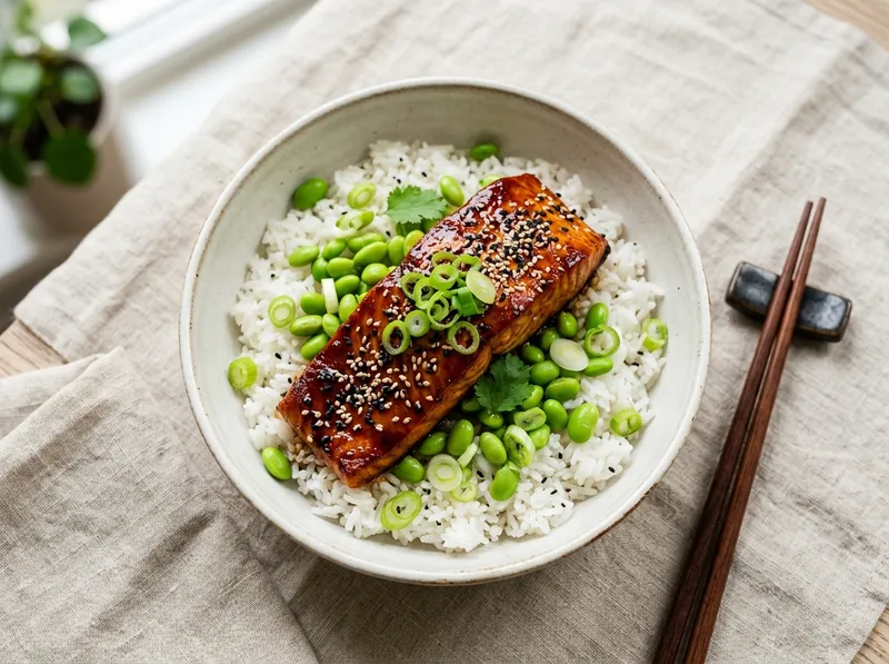 Knuspriges Teriyaki-Lachs-Blech mit Edamame und Sesam-Reis