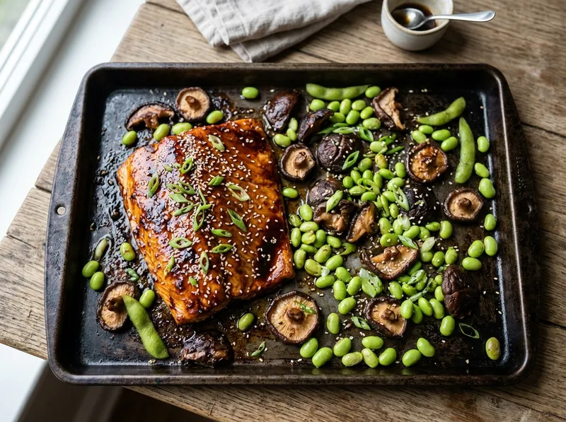 Knuspriges Teriyaki-Lachs-Blech mit Sesam-Edamame und Shiitake