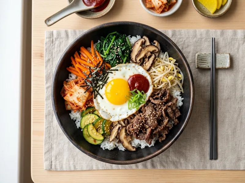 Koreanische Bibimbap-Bowl mit Rindfleisch und Gochujang-Eigelb