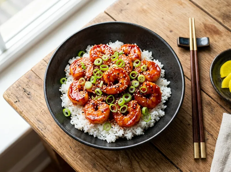 Koreanische Gochujang-Garnelen mit Sesamreis und Frühlingszwiebeln