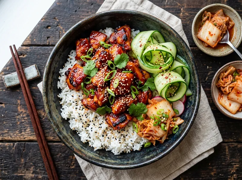 Koreanische Gochujang-Hähnchen-Bowl mit Sesam-Reis und knackigem Gurken-Salat
