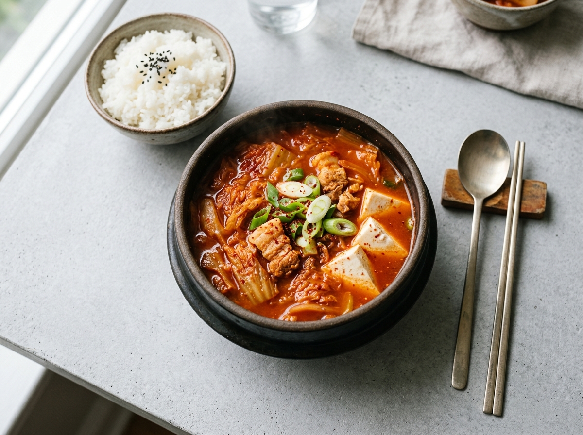 Koreanische Kimchi-Jjigae mit Schweinebauch und Tofu