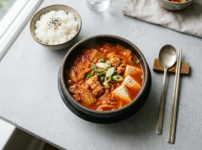Koreanische Kimchi-Jjigae mit Schweinebauch und Tofu