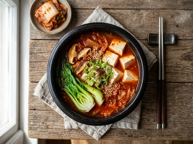 Koreanische Kimchi-Tofu-Suppe mit Shiitake und Pak Choi
