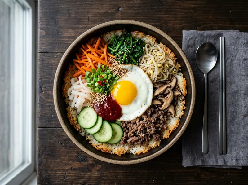 Koreanischer Bibimbap-Bowl mit Gochujang-Glasur und knusprigem Reis