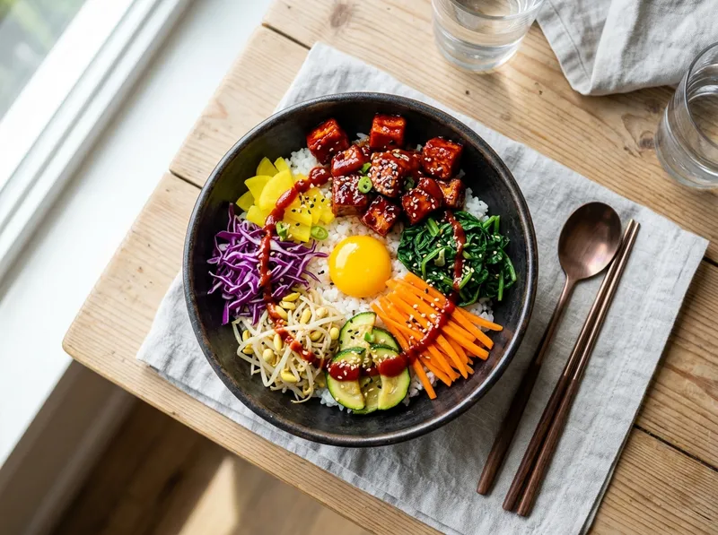 Koreanischer Bibimbap-Bowl mit knusprigem Gochujang-Tofu