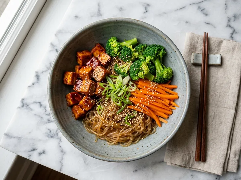 Koreanischer Glasnudel-Bowl mit Gochujang-Tofu und knackigem Sesam-Gemüse