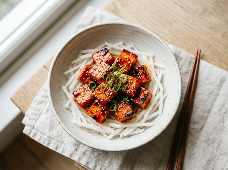 Koreanischer Gochujang-Glasur-Tofu mit knackigem Rettich-Salat
