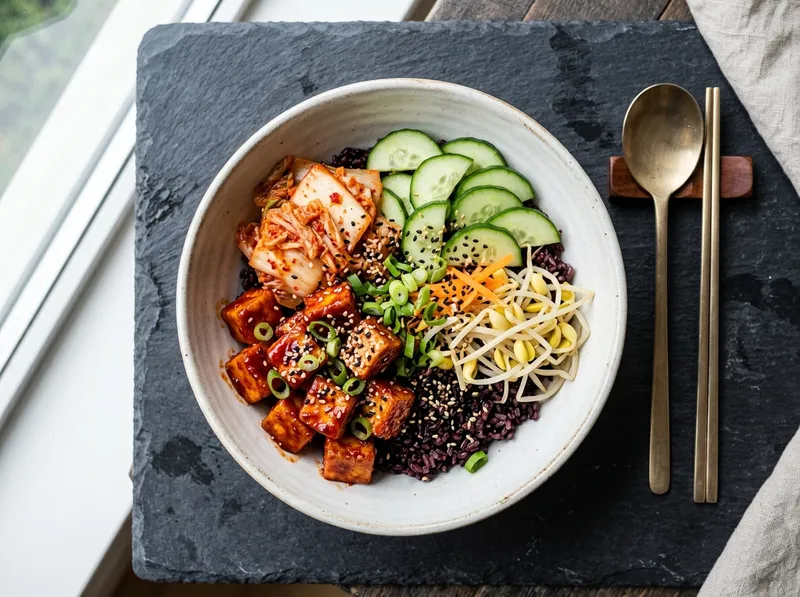 Koreanischer Schwarzer Reis-Bowl mit Kimchi-Gurken und Gochujang-Tofu