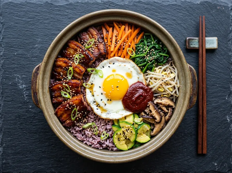 Koreanisches Bibimbap mit knusprigem Teriyaki-Schweinebauch
