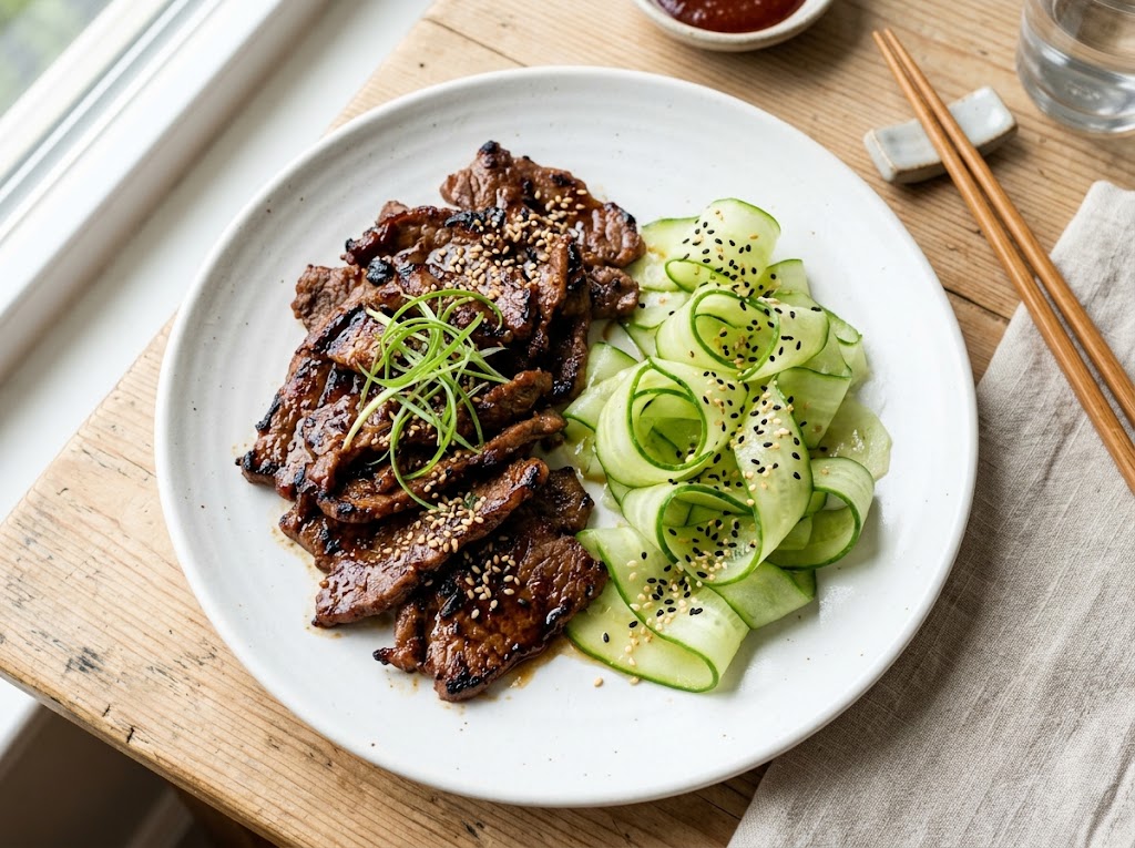 Koreanisches Bulgogi-Rindfleisch mit Sesam-Gurken-Salat