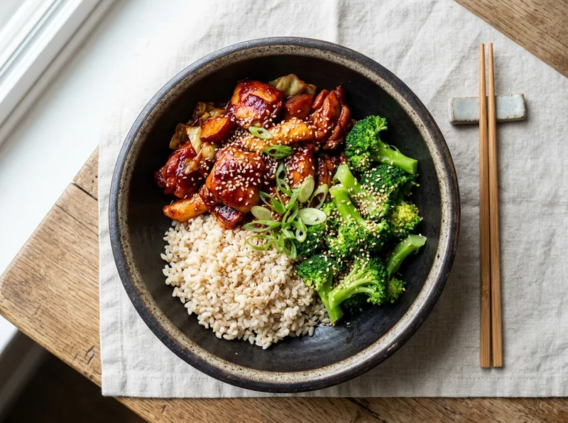 Koreanisches Dakgalbi mit Sesam-Brokkoli und braunem Reis