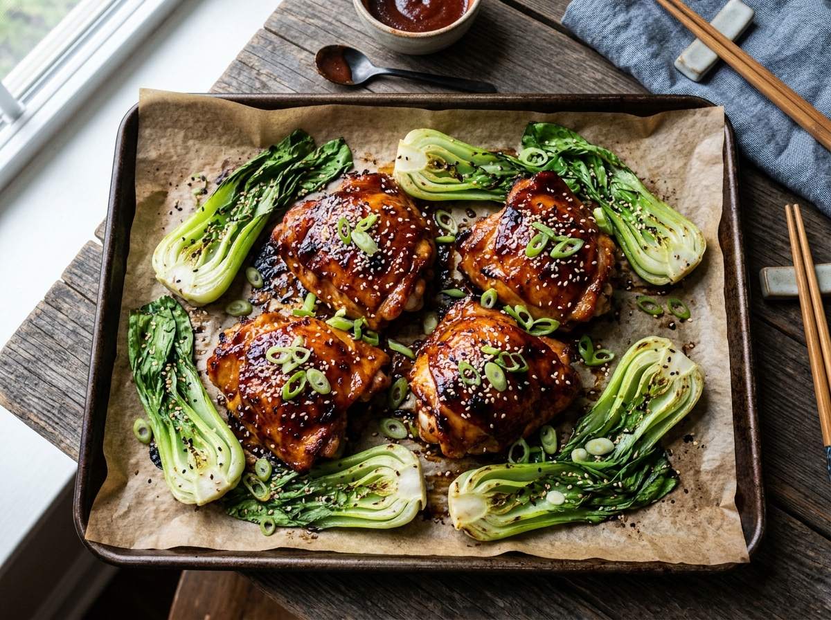 Koreanisches Gochujang-Hähnchen vom Blech mit Sesam-Pak-Choi