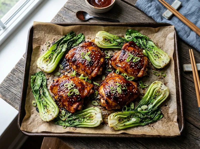 Koreanisches Gochujang-Hähnchen vom Blech mit Sesam-Pak-Choi