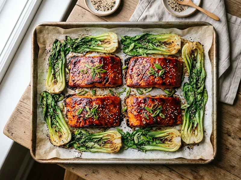 Koreanisches Gochujang-Lachs-Blech mit Sesam-Bok-Choy