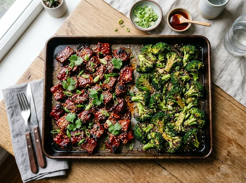 Koreanisches Gochujang-Rindfleisch-Blech mit Sesam-Brokkoli und Kimchi-Reis
