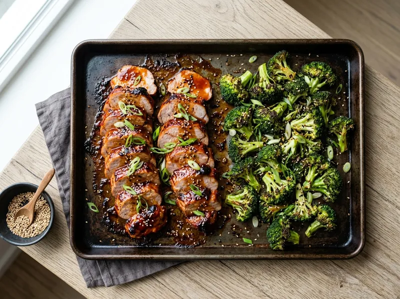 Koreanisches Gochujang-Schweinefilet vom Blech mit Sesam-Brokkoli
