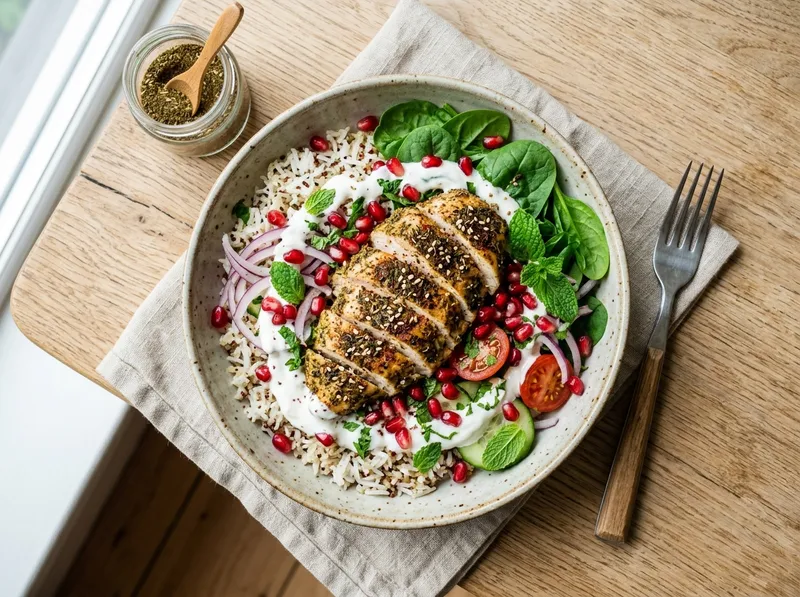 Libanesischer Za'atar-Hähnchen-Bowl mit Granatapfel und frischem Kräuterjoghurt