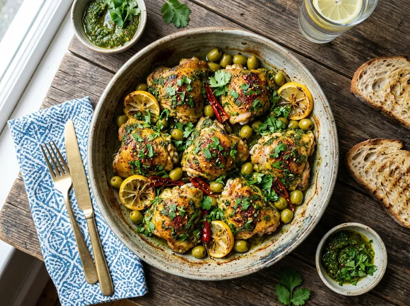 Marokkanische Chermoula-Hähnchenkeulen mit Zitronen-Oliven
