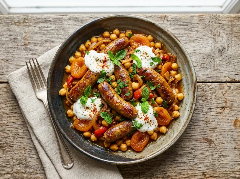 Marokkanische Merguez-Pfanne mit Aprikosen und Za'atar-Joghurt