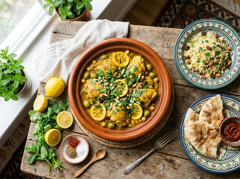 Marokkanische Zitronen-Hähnchen-Tajine mit Oliven und Koriander