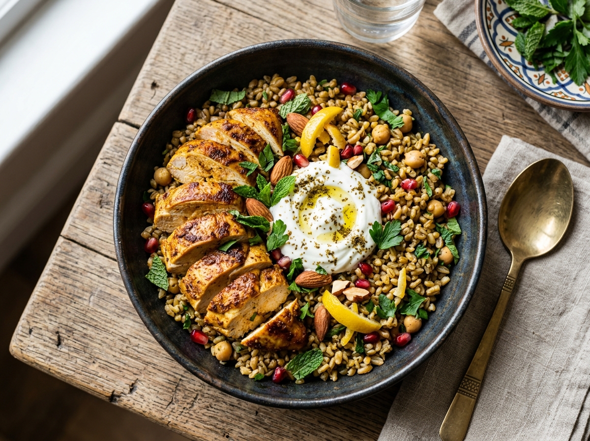 Marokkanischer Hähnchen-Zitronen-Bowl mit Freekeh und Za'atar-Joghurt