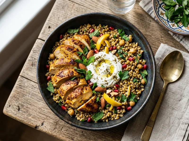 Marokkanischer Hähnchen-Zitronen-Bowl mit Freekeh und Za'atar-Joghurt