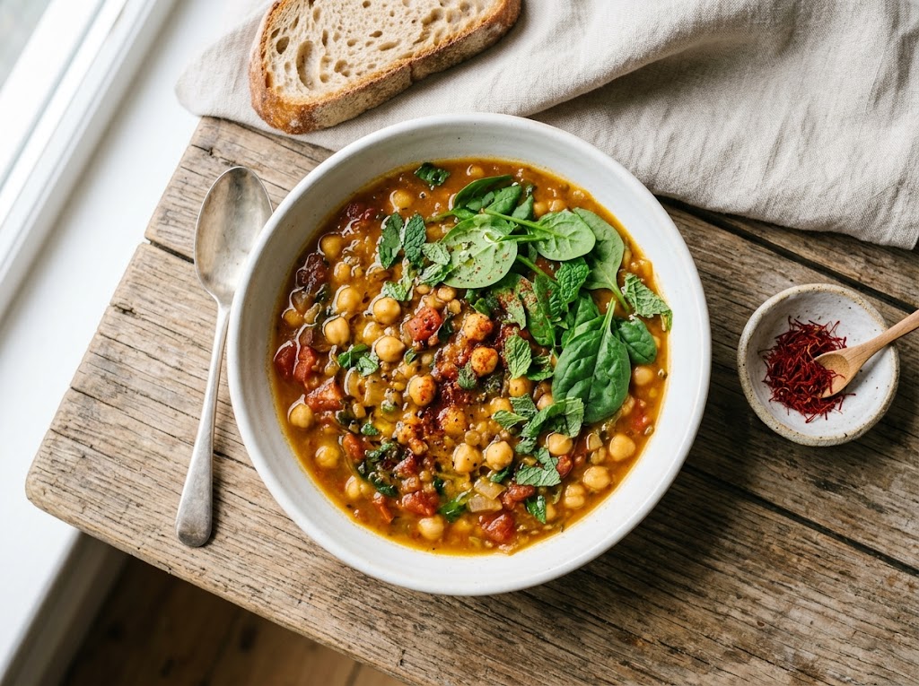 Marokkanischer Kichererbsen-Eintopf mit Safran und frischer Minze