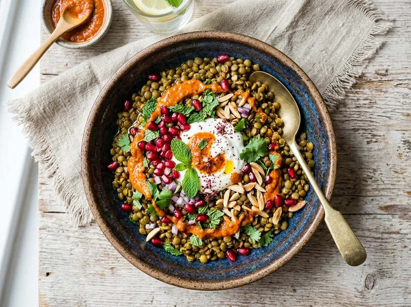 Marokkanischer Linsen-Bowl mit Zitrus-Harissa-Dressing