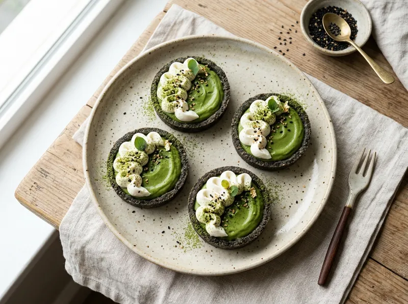 Matcha-Sesam-Törtchen mit Kokosglasur und Yuzu-Creme