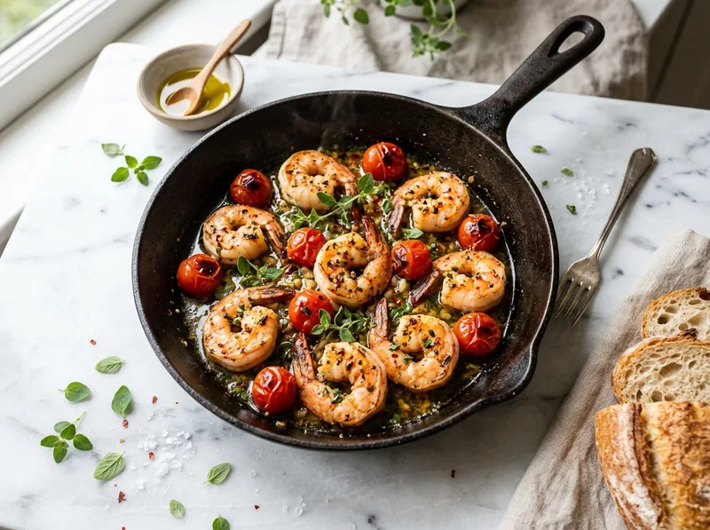 Mediterrane Garnelenpfanne mit Weißwein und frischem Oregano