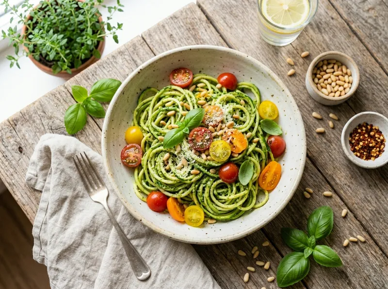 Mediterrane Zucchini-Spaghetti mit Kirschtomaten und frischem Basilikum-Pesto