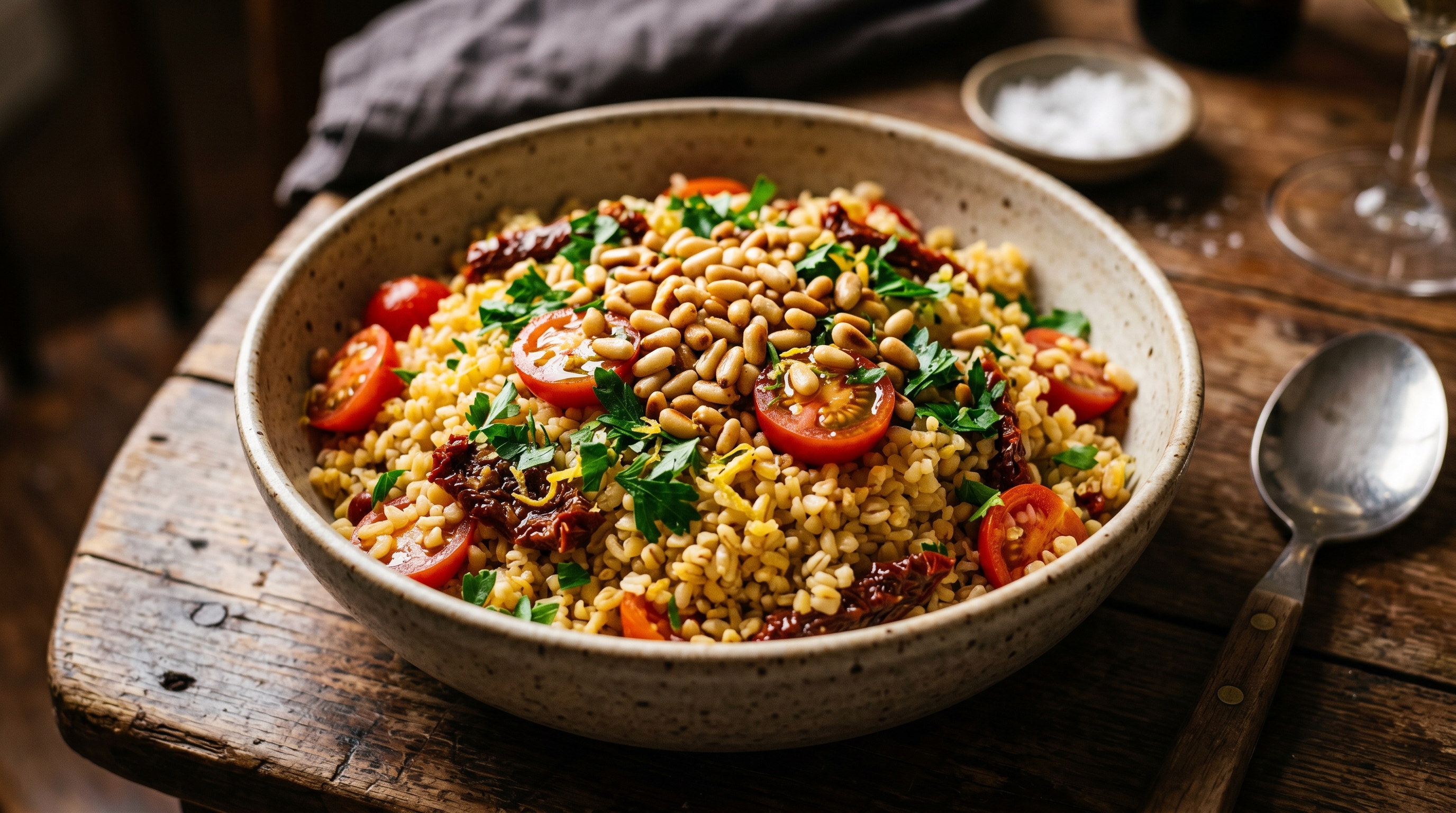 Mediterraner Bulgur-Salat mit sonnengetrockneten Tomaten und Pinienkernen