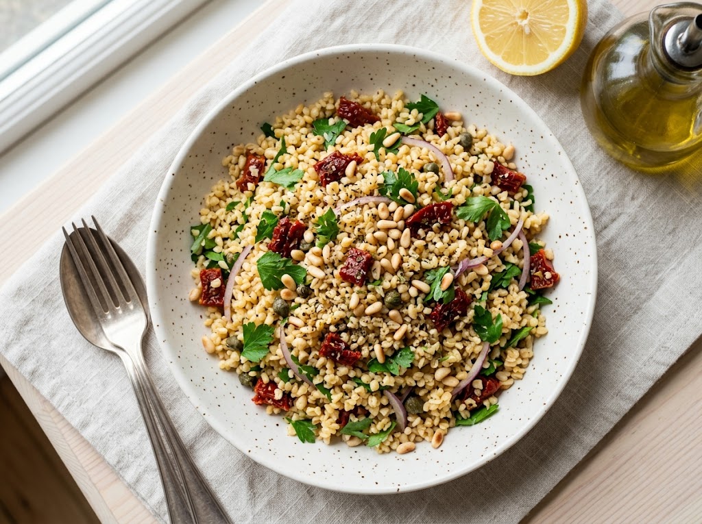 Mediterraner Bulgur-Salat mit sonnengetrockneten Tomaten und Pinienkernen