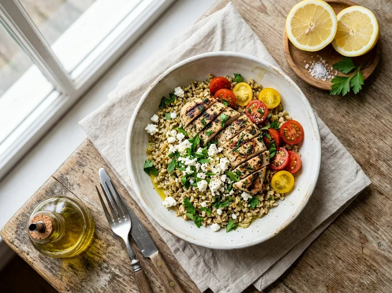 Mediterraner Freekeh-Bowl mit Zitronen-Kräuter-Hähnchen und Feta